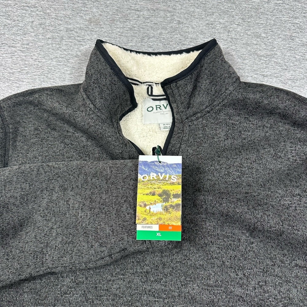 Orvis Sherpa Lined 1/4 Zip Pullover Mens XL Gray Pockets Outdoor Camping NEW